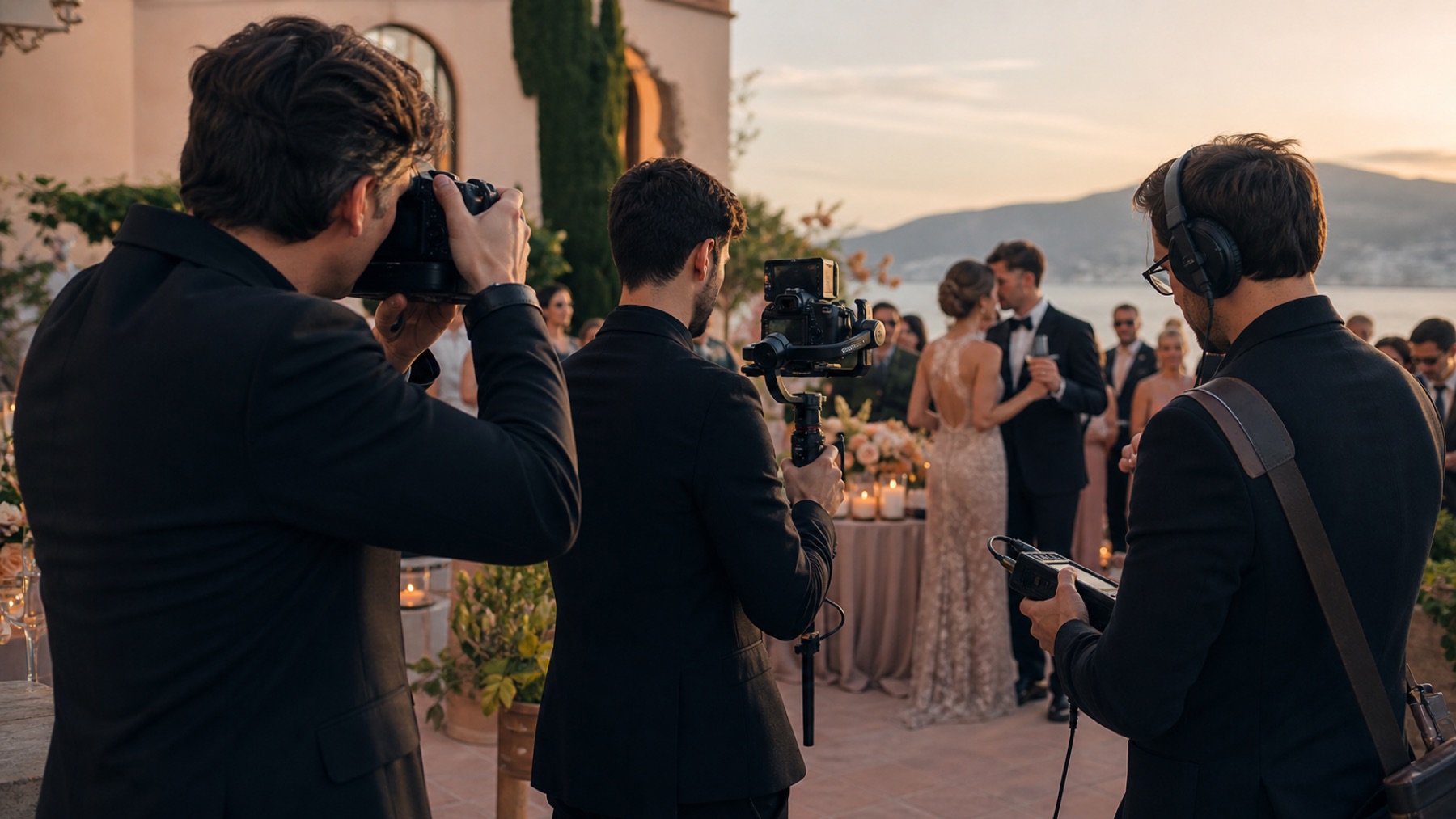 Equipo profesional de fotografía y vídeo trabajando en una boda